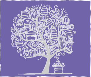 illustration of a tree with books hanging from its branches